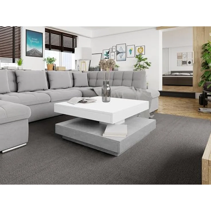 Mirjan24 Couchtisch, Quadratisch, Weiß & Hellgrau, Holzwerkstoff, 70x34x70 cm, drehbare Tischplatte, Wohnzimmertisch – Bild 5