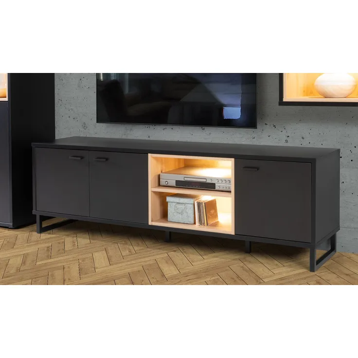 FORTE Decyma TV-Unterschrank, Holzwerkstoff, Schwarz/Braun, 175 x 55,2 x 41,5 cm