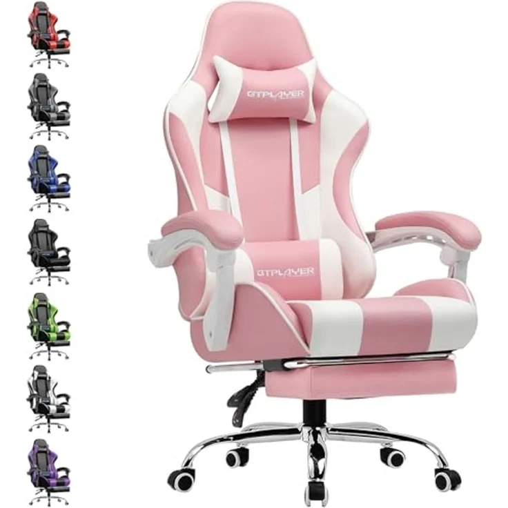 GTPLAYER Gaming Stuhl Bürostuhl Massage Gaming Sessel Ergonomischer Gamer Stuhl mit Fußstütze, Kopfstütze Massage-Lendenkissen, Gepolstert Gaming Chair, Drehsessel, rosa – Bild 1