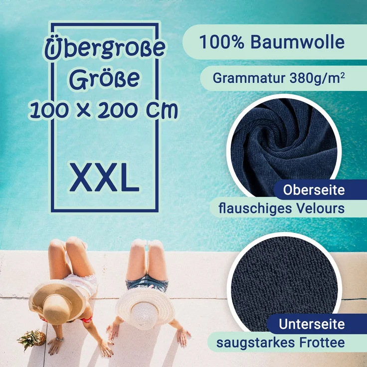 ZOLLNER Strandlaken XXL aus Baumwolle Velours, 100x200 cm, blau-rot-weiß gestreift – Bild 2