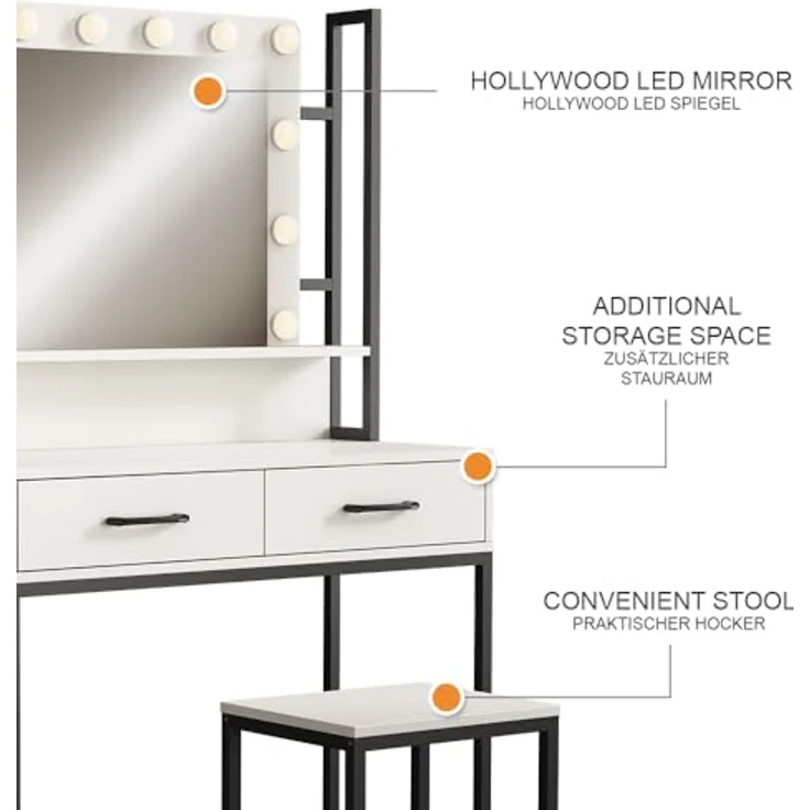 Vichy Schminktisch Luvia, 90 cm, Weiss/Schwarz mit LED-Beleuchtung und Hocker (40 x 40 x 146 cm) – Bild 8