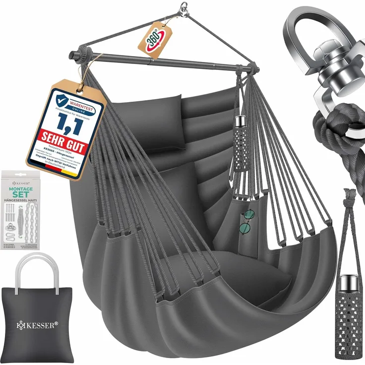 KESSER® Hängesessel Haiti 150kg Traglast, Hängestuhl 360° Drehung, Hängeschaukel Indoor-Outdoor UV-beständig & Wasserfest, Pflegeleicht, Inkl. 2 Kissen, Tragetasche, Flaschenhalter & Montage-Set Anthrazit / Anthrazit