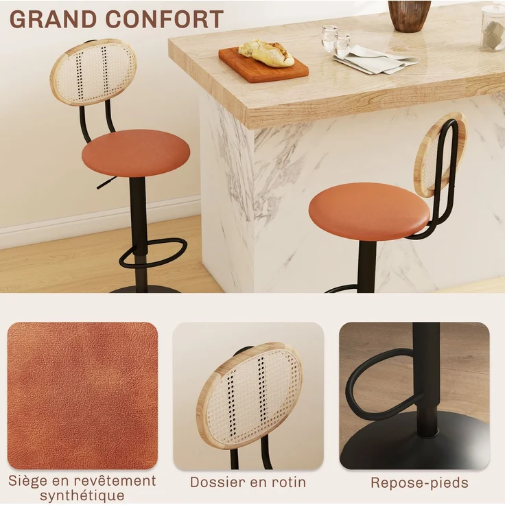 2er-Set Barhocker, höhenverstellbare Barstühle mit Rattan-Rückenlehne und Fußstütze, braun – Bild 7