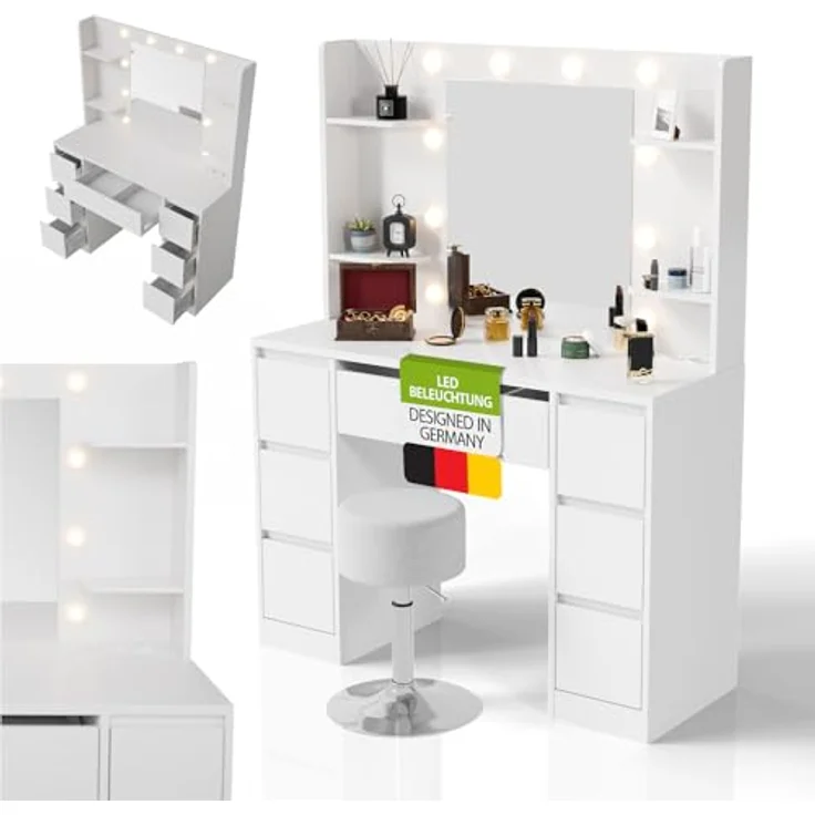 Juskys Schminktisch Malia und Hocker Tonia mit LED-Beleuchtung & Spiegel, 7 Schubladen, stufenlos dimmbar, 3 Farbtemperaturen, Stauraum, elegantes Design – Weiß – Bild 2