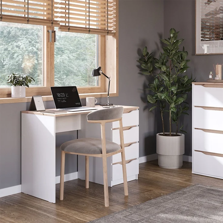 Schreibtisch Ruben Weiß/Artisan-Eiche 110x50 cm mit 4 Schubladen Vicco – Bild 3