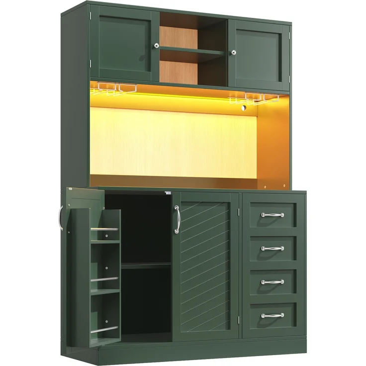 Seitenboard / Aufbewahrungsschrank / Küchenschrank / Buffetschrank, 120x40x188cm, mit LED-Beleuchtung, Snackregal & Getränkehaltern, 4 Türen & 2 große Schubladen, Grün/Schwarz/Weiß--Grün--120x40x188cm--YOUDENOVA – Bild 8