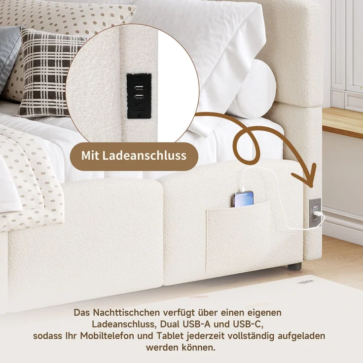 Polsterbett mit Aufbewahrung, Taschen, Lattenrost, USB und Type-C, 90x200 cm, Einzelbett mit gepolstertem Kopfteil, Samt – Bild 4
