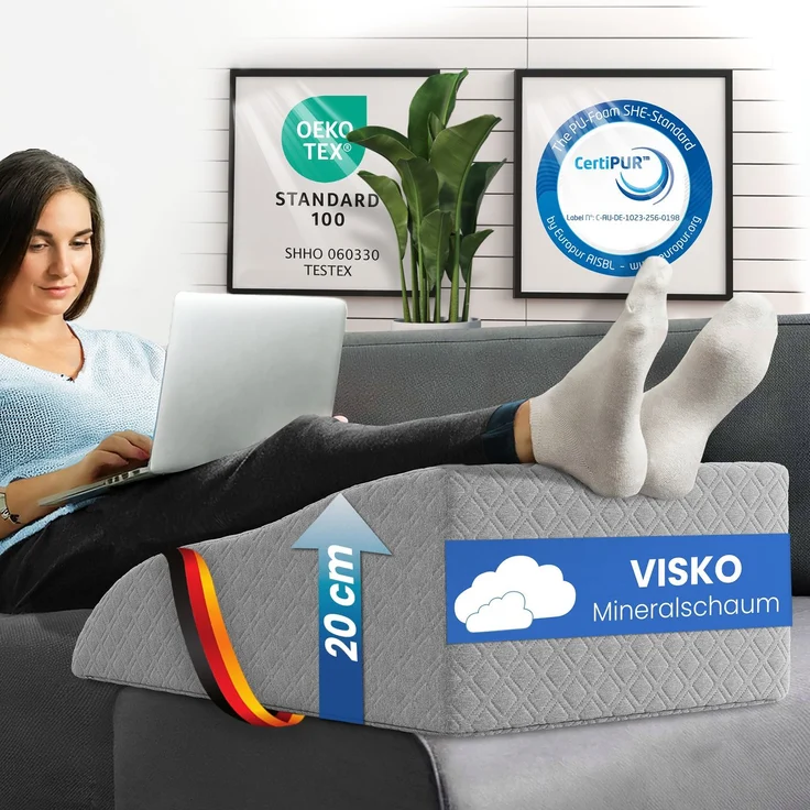 ELONEO Beinhochlagerungskissen aus Memory Foam, Beinkissen zur Entlastung, Lagerungskissen mit abnehmbaren Bezug, 65x40x20cm, grau – Bild 1