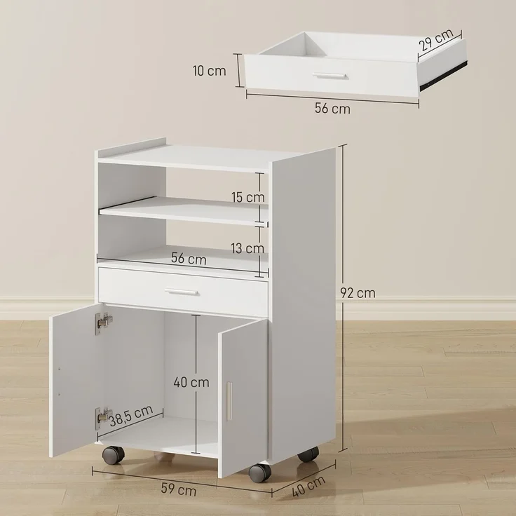 HOMCOM Küchenbuffet Doppeltürschrank (Küchenschrank, 1-St, mit Schubladen, Rollen) für Küche, Esszimmer, Weiß – Bild 3
