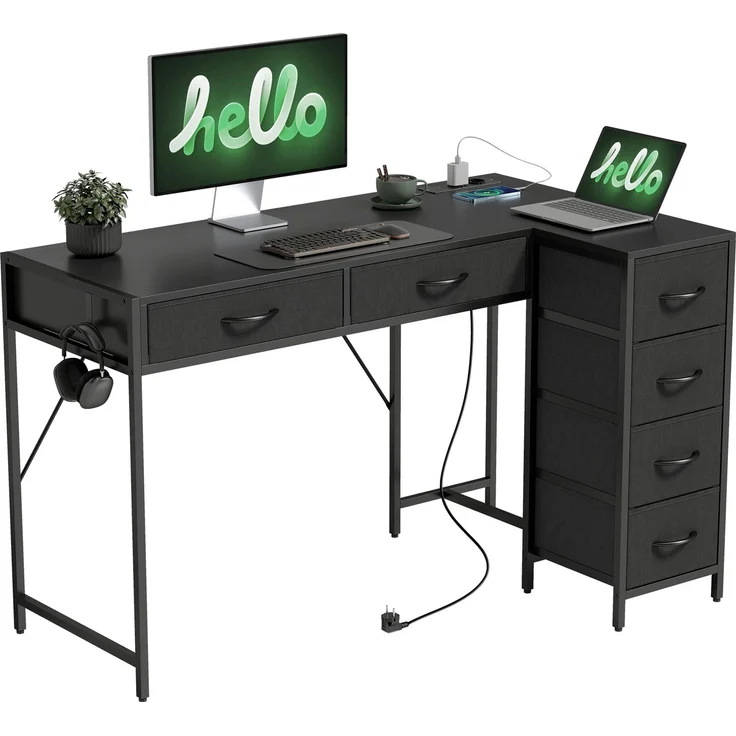 Eckschreibtisch mit 6 Schubladen mit seitlichem Haken und integrierten Steckdosen, 126.0×48.0×80.0cm, Schwarz, MELAYR – Bild 2