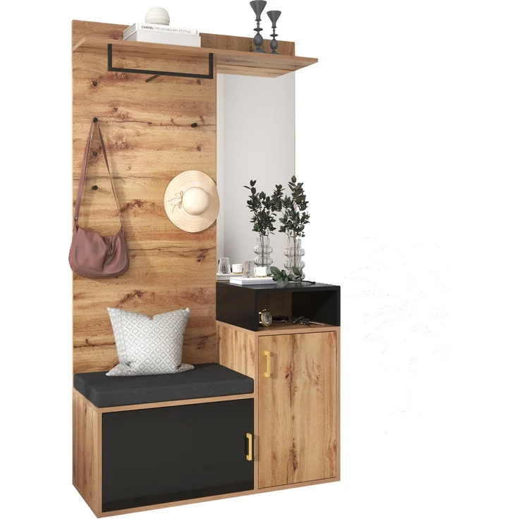 Merax Garderoben-Set,mit 4 Kleiderhaken, Spiegel, Schuhschrank, Wandgarderobe, oberes Ablagefach, Flurgarderobe Sitzbank – Bild 10