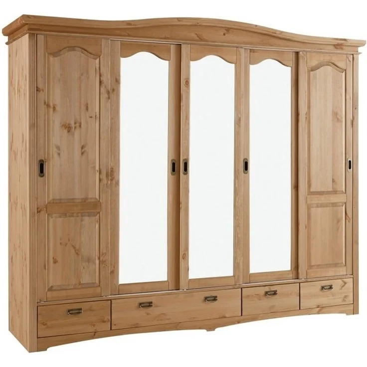 Home affaire Schiebetürenschrank Konrad, Landhausstil, rustikal, mit Schubladen + Spiegel, Kassetten massive Kiefer, FSC®-zertifiziert, Messinggriffe, mehrere Varianten – Bild 4