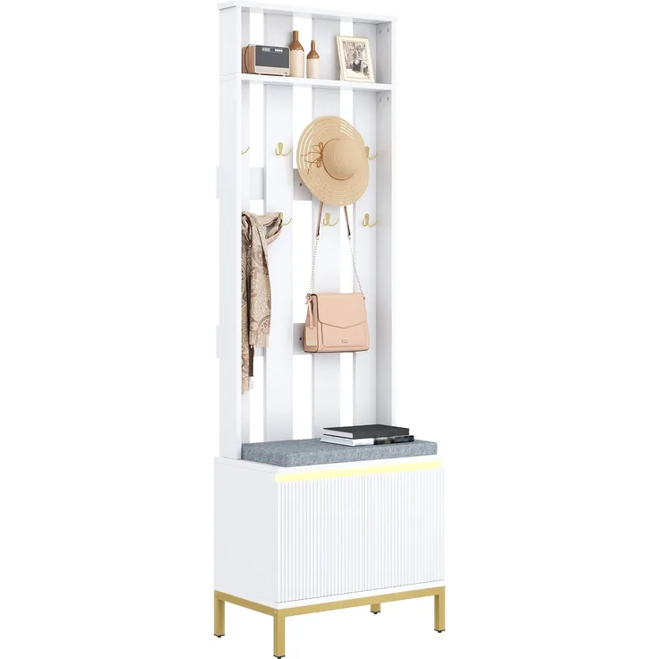 Garderobenbank , weißes Design, vertikal perforiertes Rückwandpaneel, 8 goldene Doppelhaken, gepolsterte Sitzbank, Wellenfront-Schuhschrank, höhenverstellbares Einlagebrett, integrierte LED-Lichtleis--Weiß--60x35.5x191.5cm--YOUDENOVA