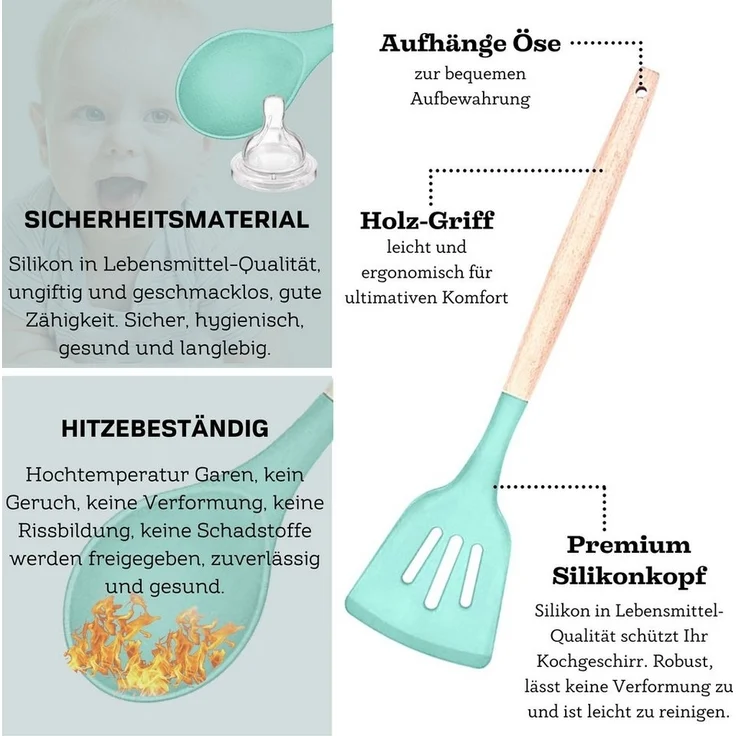 Küchenhelfer Set 12-tlg Silikon, Holzgriff, versch. Farben Hellgrün – Bild 2
