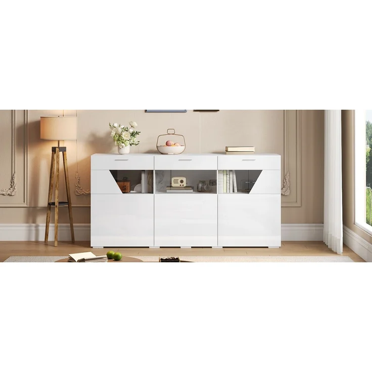 ZUBALIYA Sideboard 160x38x78 cm, mit LED-Beleuchtung, Hochglanz, mit 3 Türen, aus Spanplatte, Weiß – Bild 12