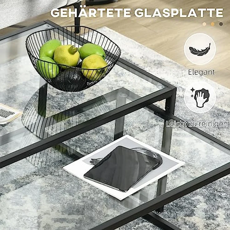 HOMCOM Couchtisch-Set, Transparentes Glas und schwarzes Metall, 2-teilig, stapelbar, 56x44,5x119 cm – Bild 5