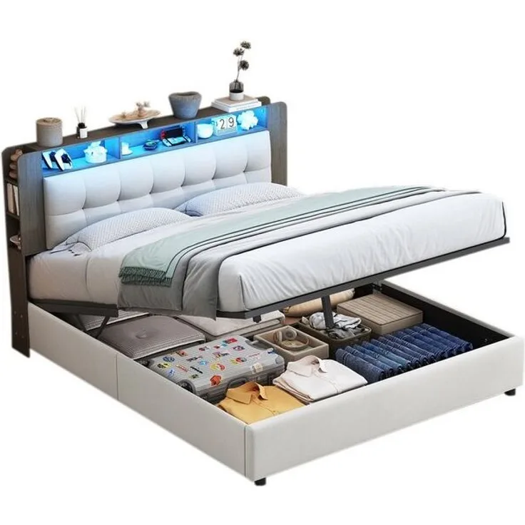 FUROKOY Stauraumbett Polsterbett Doppelbett Mit Drahtlose Ladefunktion (Set, 1-tlg, Gepolstertes Kopfteil mit Staufächern aus Holz), Hydraulischerbett mit LED-Beleuchtung, Samt, Beige, 160x200 cm