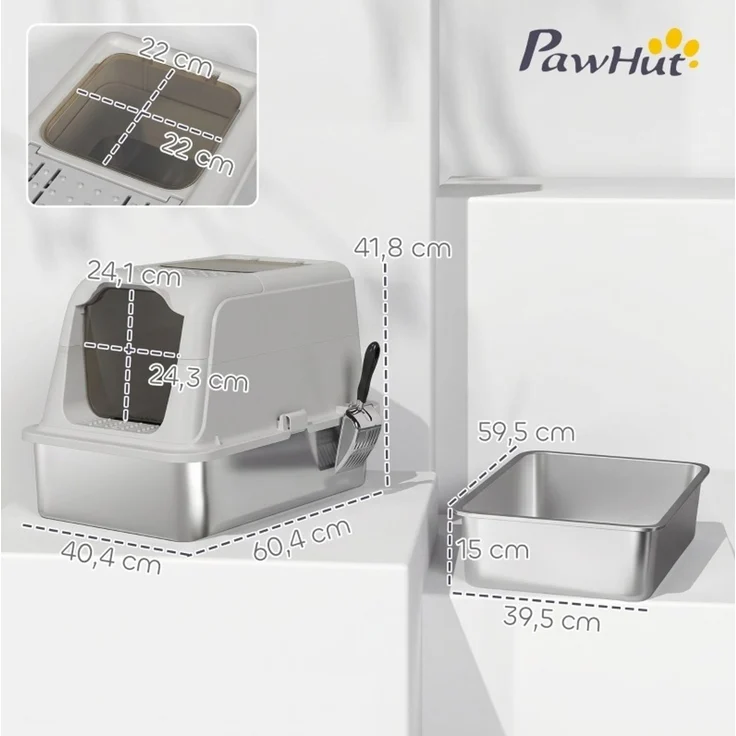 Katzentoilette aus Edelstahl mit Deckel & Doppel-Einstieg, 60,4x40,4x41,8 cm, Hellgrau – Bild 3
