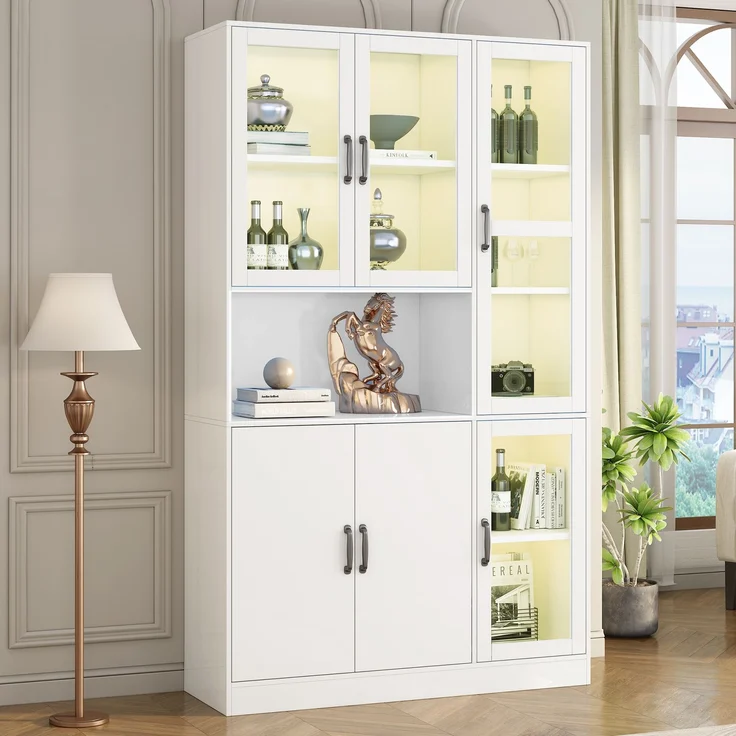 Vitrine 120 x 40 x 200 cm aus MDF und Glas, weiß, mit LED-Licht und verstellbaren Einlegeböden – Bild 1