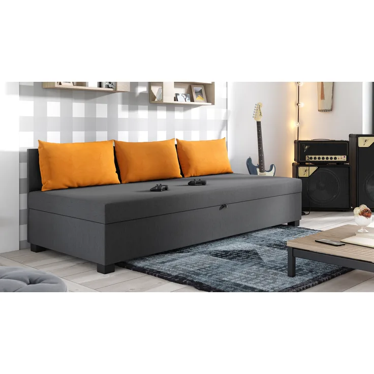 Schlafsofa Misti III - Einzelbett mit Kissen, Sofa mit Bettkasten, Bettsofa, Farbauswahl, Bettgestell, Komfortbett, Bett für Jugendzimmer, Schlafmöbel (Graphit + Orange (Lux 06 + Lux 09))