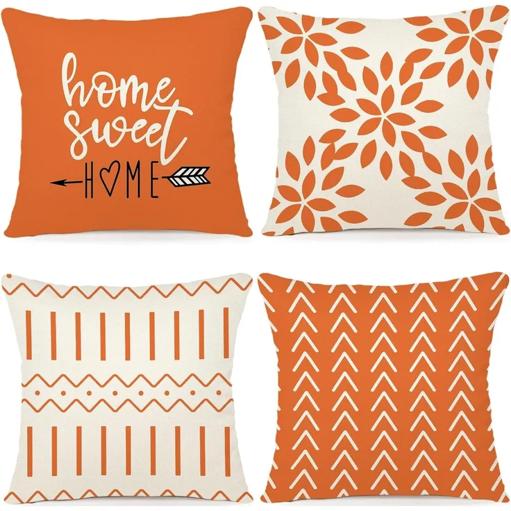 Herbst Kissenbezüge 45 × 45 cm 4er-Set Orange, Outdoor Leinen Dekokissen, Fall Sofa Deko
