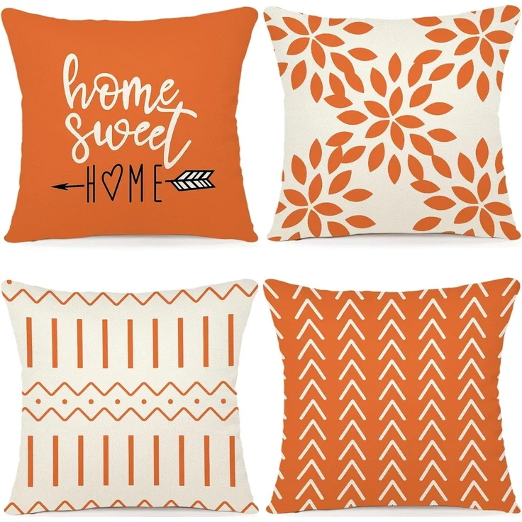 Herbst Kissenbezüge 45 × 45 cm 4er-Set Orange, Outdoor Leinen Dekokissen, Fall Sofa Deko – Bild 1
