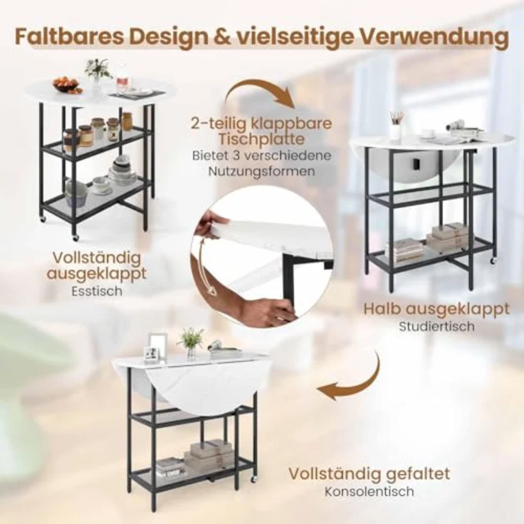 FANTASK Küchentisch klappbar, Esszimmertisch für 2-4 Personen, Esstisch mit 2 Ablagefächern, mobiler Klapptisch Marmor Optik, runder Tisch für Esszimmer & Wohnzimmer (Weiß) – Bild 4