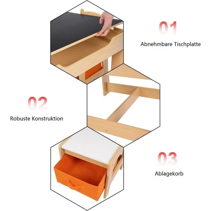 COSTWAY Kindersitzgruppe, 3tlg. Kindertisch mit 2 Stühlen, Stauraum & Tafel – Bild 2