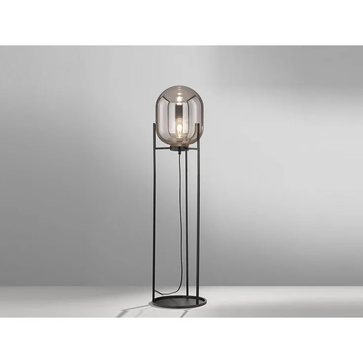 Kleine LED Stehlampe Tripod mit Rauchglas Glaskugel - Höhe 110cm