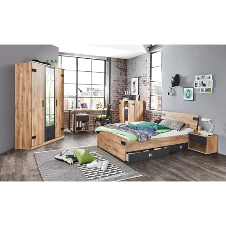 Jugendzimmer Liverpool Drehtürenschrank in Plankeneiche und Graphit - Kinderzimmer Komplett Set – Einzelmöbel und verschiedene Set Varianten - 7 teilig , Kleiderschrank (Drehtüren) + 140er Jugendbett + Bettschubkasten + Nachttisch + Schreibtisch + Roll... – Bild 2