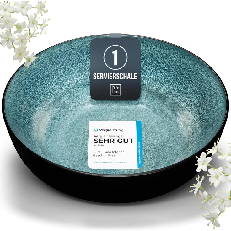 Steingut Servierschüssel Ibiza TESTSIEGER, Traumhafte Mediterrane Salatschüssel, Servierschale - Bowl Schüssel Groß, Salatschale - Pure Living in Petrol – Bild 1
