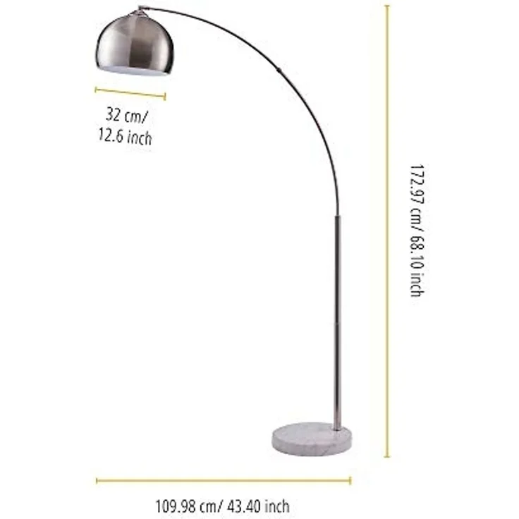 Teamson Home Bogenlampe Gebogene Stehlampe aus Metall mit Marmorimitat-Sockel grau – Bild 4