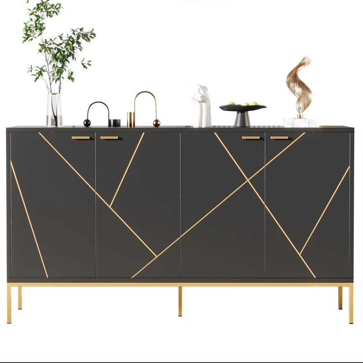 Merax Sideboard mit vier Türen, Metallfüßen, TV-Schrank, Kleiderschrank, geradliniges Design mit Metalllinien-Dekor, Schwarz+Golden – Bild 10