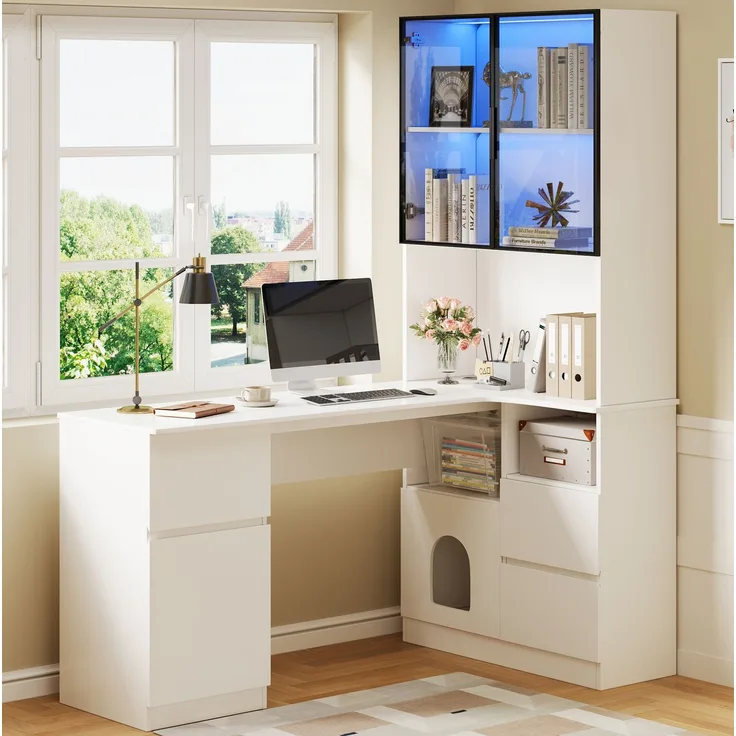 Eckschreibtisch mit Regal, LED-Vitrine & 3 Schubladen, 120x80x180 cm, Weiß