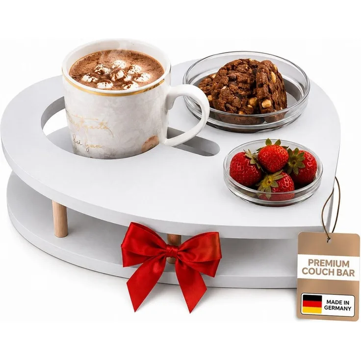 PEGSEN Servierplatte Couchbar Herz aus Holz mit Getränkehalter & 2 Snackschalen, Birkenholz, (Geschenkset, 3-tlg, lebensmittelechte Glasschalen, Snackbox, Sofa Tablett), alles steht stabil & sicher, perfekte Geschenkidee