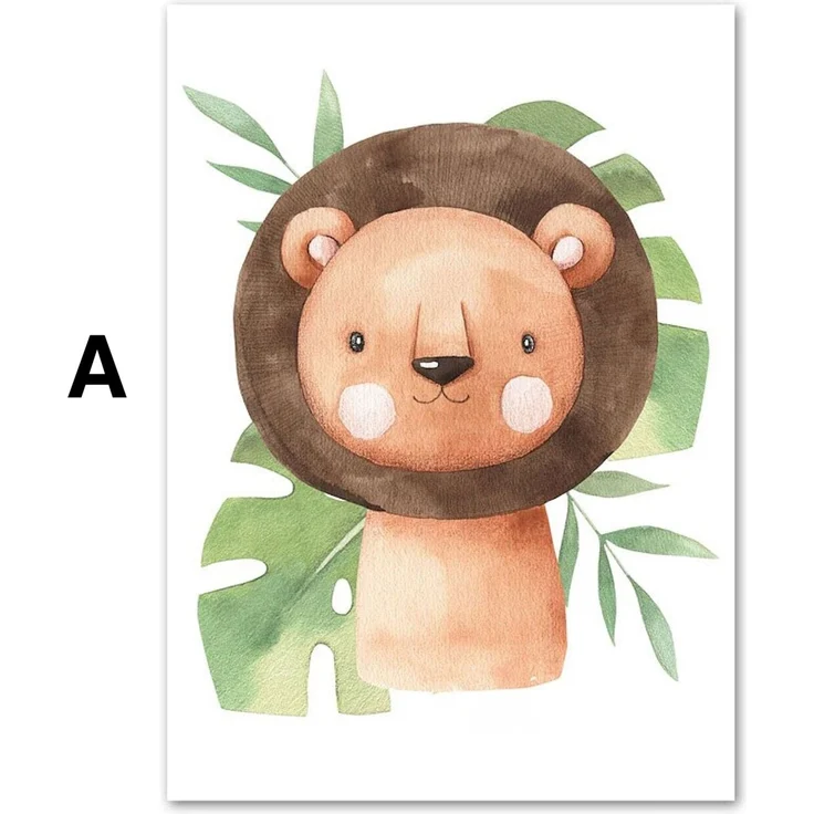Poster Kinder süße Tiere mit Grünem Blatt Pandabär Giraffe Elefant Löwe Zebra Affe und Tiger als Deko Print ohne Rahmen - A / 40 x 50 cm