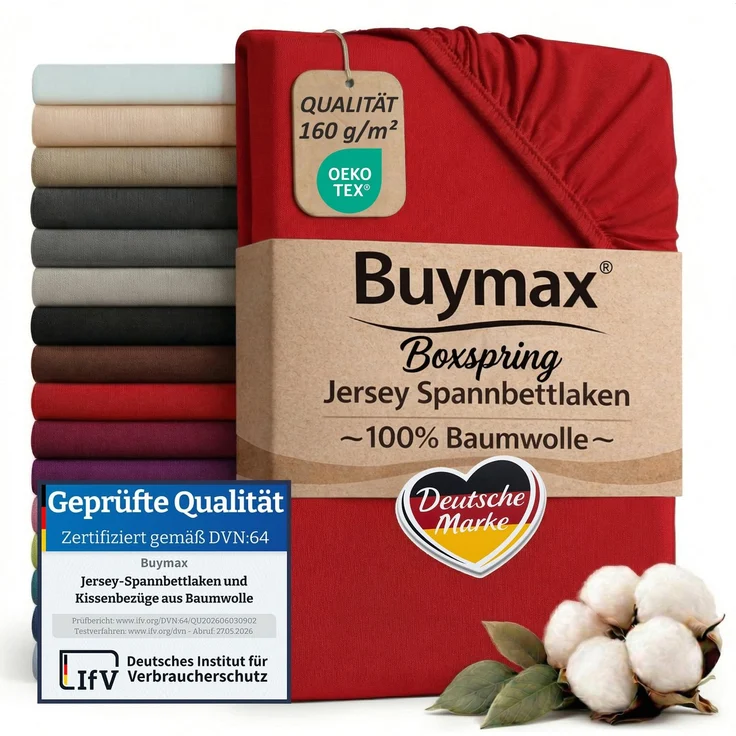Buymax Spannbettlaken Boxspringbett 180x200-200x220 cm, 100% Baumwolle Jersey, 160 g/m², Oeko-TEX, für hohe Matratzen, Rot