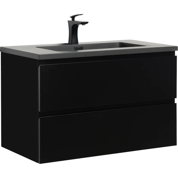 Badplaats Badmöbel Set mit Waschbecken und Unterschrank Angela 80 x 48 cm Schwarz Matt - Waschbeckenunterschrank mit Soft-Close und Schwarze Waschbecken, Vorgemontiert – Bild 1