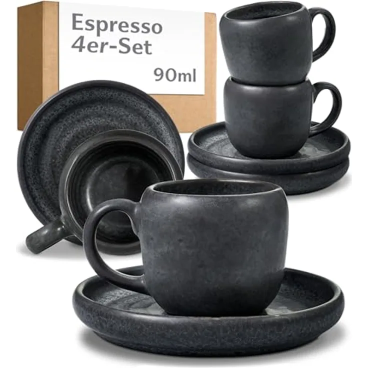 Cosumy Espressotasse 4er Espressotassen Set mit Untertassen Weiß – 90 ml Keramik Espresso, 4-tlg, Steingut, Handglasiert, Spülmaschinenfest & Mikrowellengeeignet, 4er Set