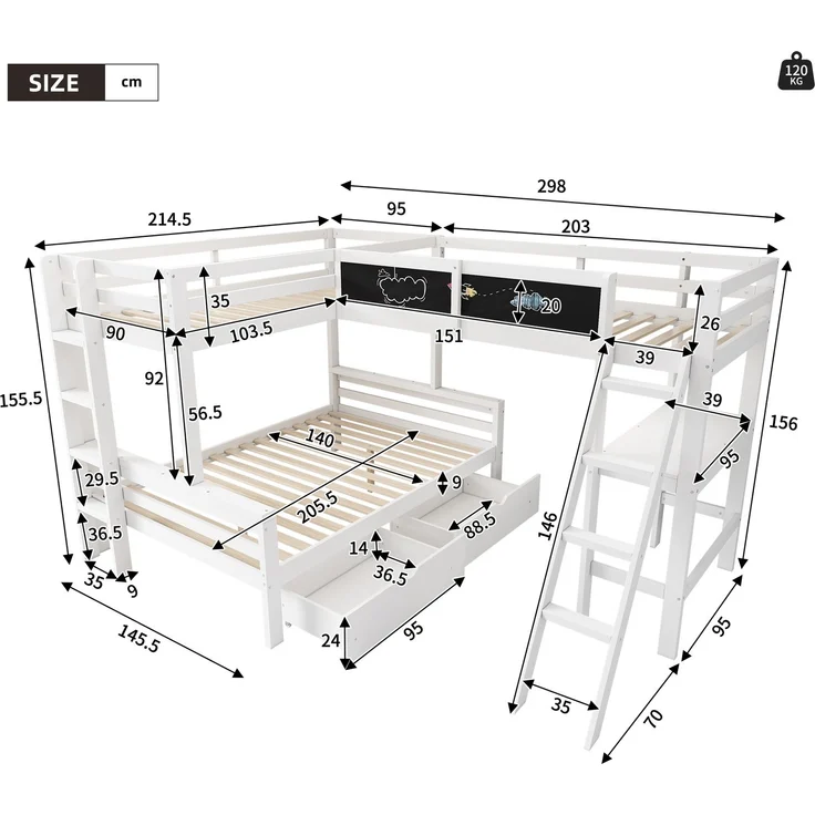 Kinderbett 140×200/90×200 cm aus Massivholz mit Schreibtisch, weiß – Bild 3