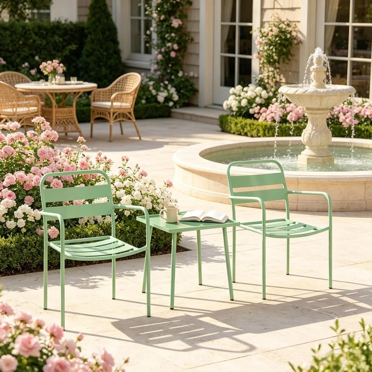 Garten-Bistro-Set mit Tisch H 50 x T 50 x B 50 cm, verzinktem Stahl und gehärtetem Glas, mit 2 Stühlen – Bild 3