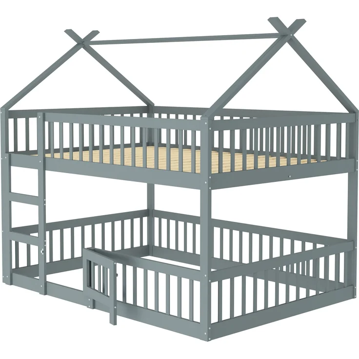 Hochbett Mit Spielebene Grau 140x200 Holz Metall Sicherheitsgeländer Treppe 120kg Tragkraft Kinderzimmer Spielbett Schlafbereich Multifunktional – Bild 2
