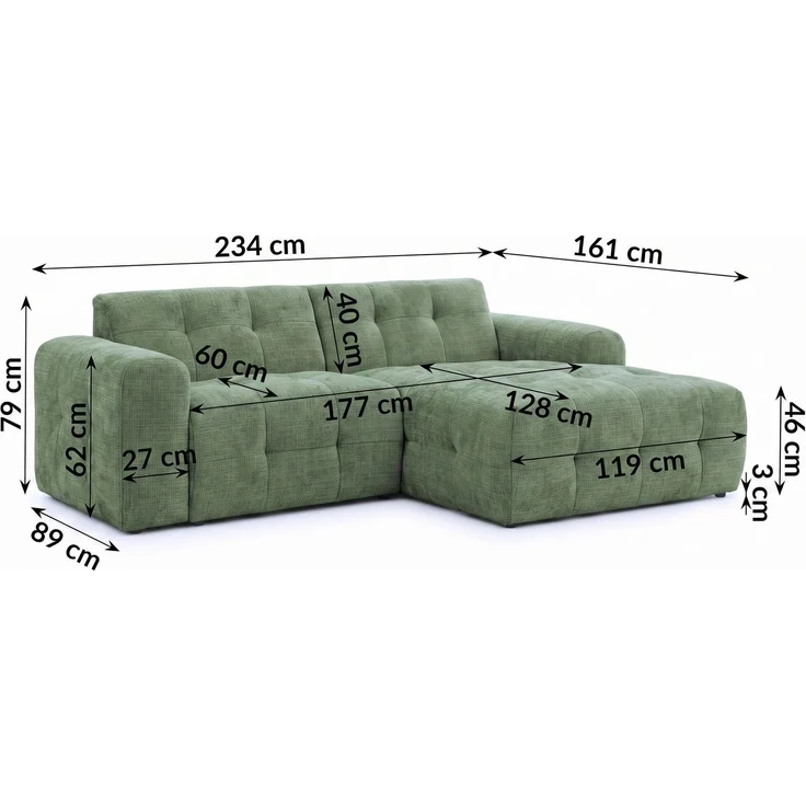 luma-home Modernes Ecksofa mit Ottomane rechts, mit markanten Steppungen, Chenille in Grün, 234 x 161 x 79cm – Bild 8