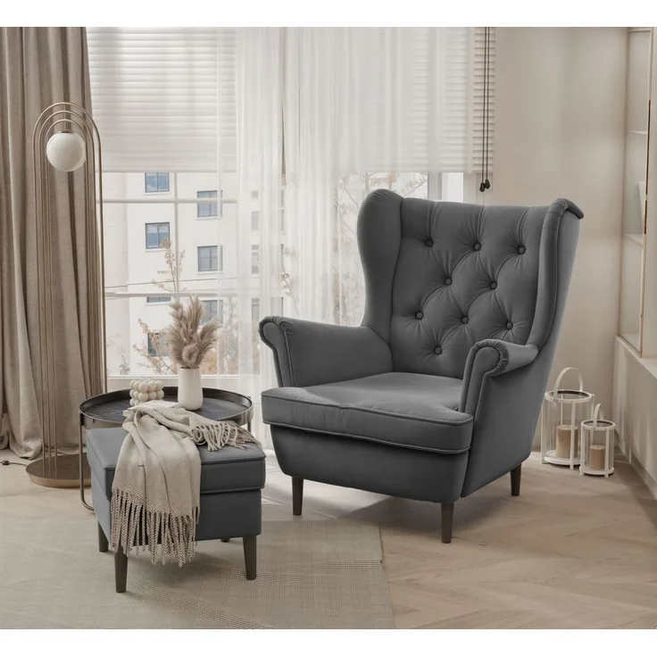 Sessel Ohrensessel NINON inkl. Hocker in Stoff Trinity Dunkelgrau
