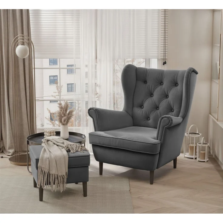 Sessel Ohrensessel NINON inkl. Hocker in Stoff Trinity Dunkelgrau – Bild 1