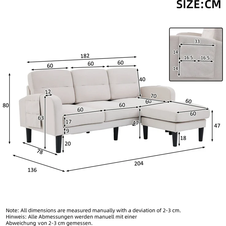 DESVIAE Sofa 3-Sitzer mit Chaiselongue und Seitentaschen 204x80x136 cm Vliesstoff Beige – Bild 10