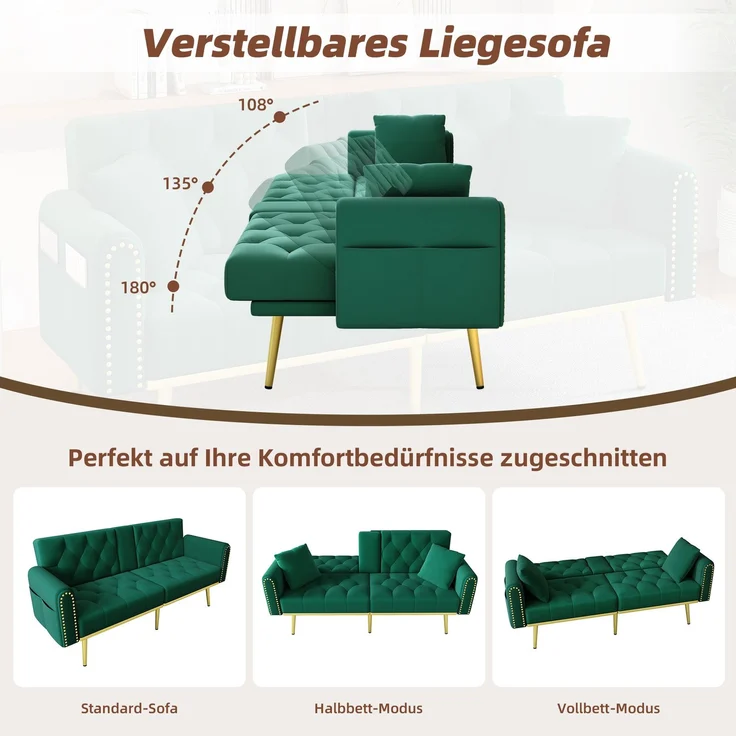 Merax Schlafsofa 2-Sitzer-Sofa mit Liegefunktion, drei verstellbaren Neigungswinkeln und Getränkehalter, Grün – Bild 2
