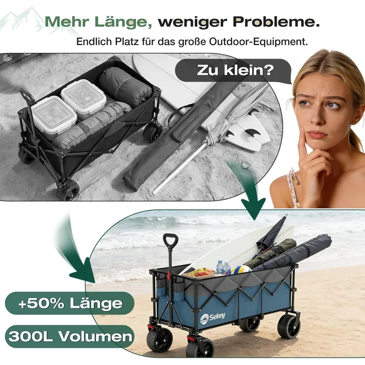 Sekey XXXL Verlängerter Bollerwagen Faltbar Handwagen mit Extra Breite 17x10 cm All-Terrain-Räder, 300L 200KG Belastbar, Blau – Bild 2