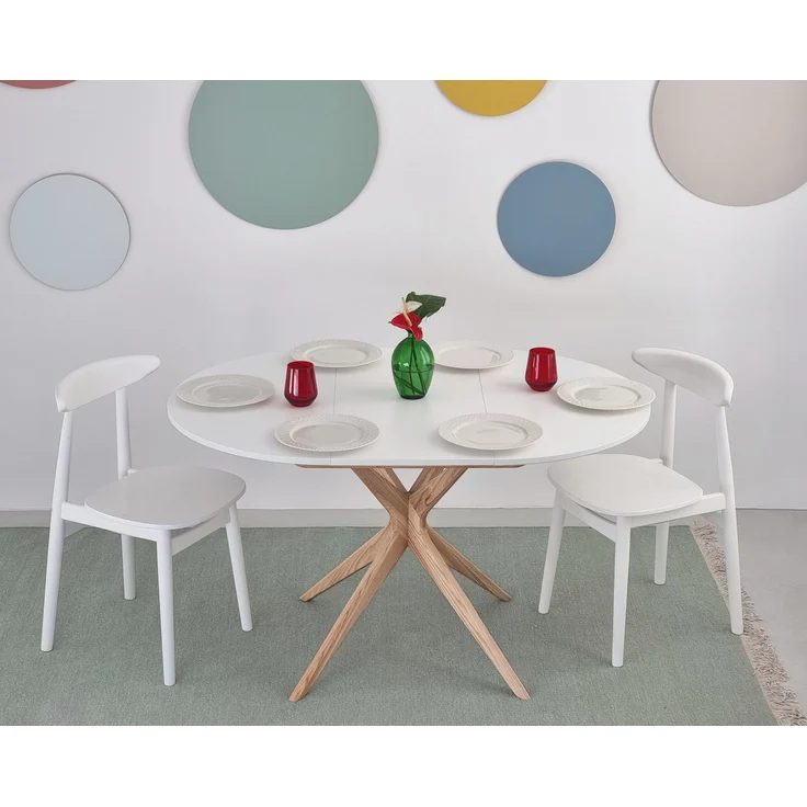 Ragaba Runder ausziehbarer Esstisch Ø 90 cm Weiß MDF & Massives Eschenholz – Bild 4