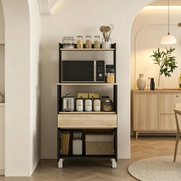 ZUBALIYA Küchen‑Buffet Mikrowellenschrank mit Schrank, mit praktischer Küchenaufbewahrungsschrank für Haushalt und mikrowellenmöbel, 60.00 x 40.00 x 131.00 cm, mit Schubladen, Samt, Schwarz – Bild 1